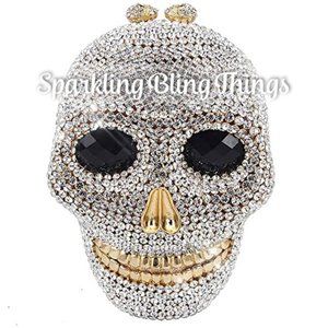 NWT Sparkling Bling Crystal Rhinestone Skull Clutch Purse Silver Gold +F…